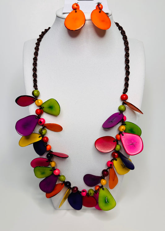 Adjustable Amazonian Layers Set -Handcrafted Jarina & Açaí Seed Multicolor Necklace and Orange Earrings | Sustainable Amazon Jewelry