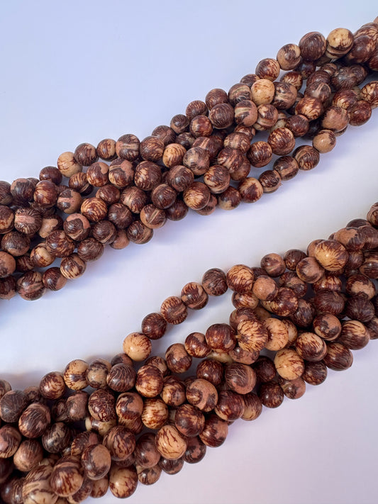 Close up of polished brown açaí seeds in twisted Amazon necklace