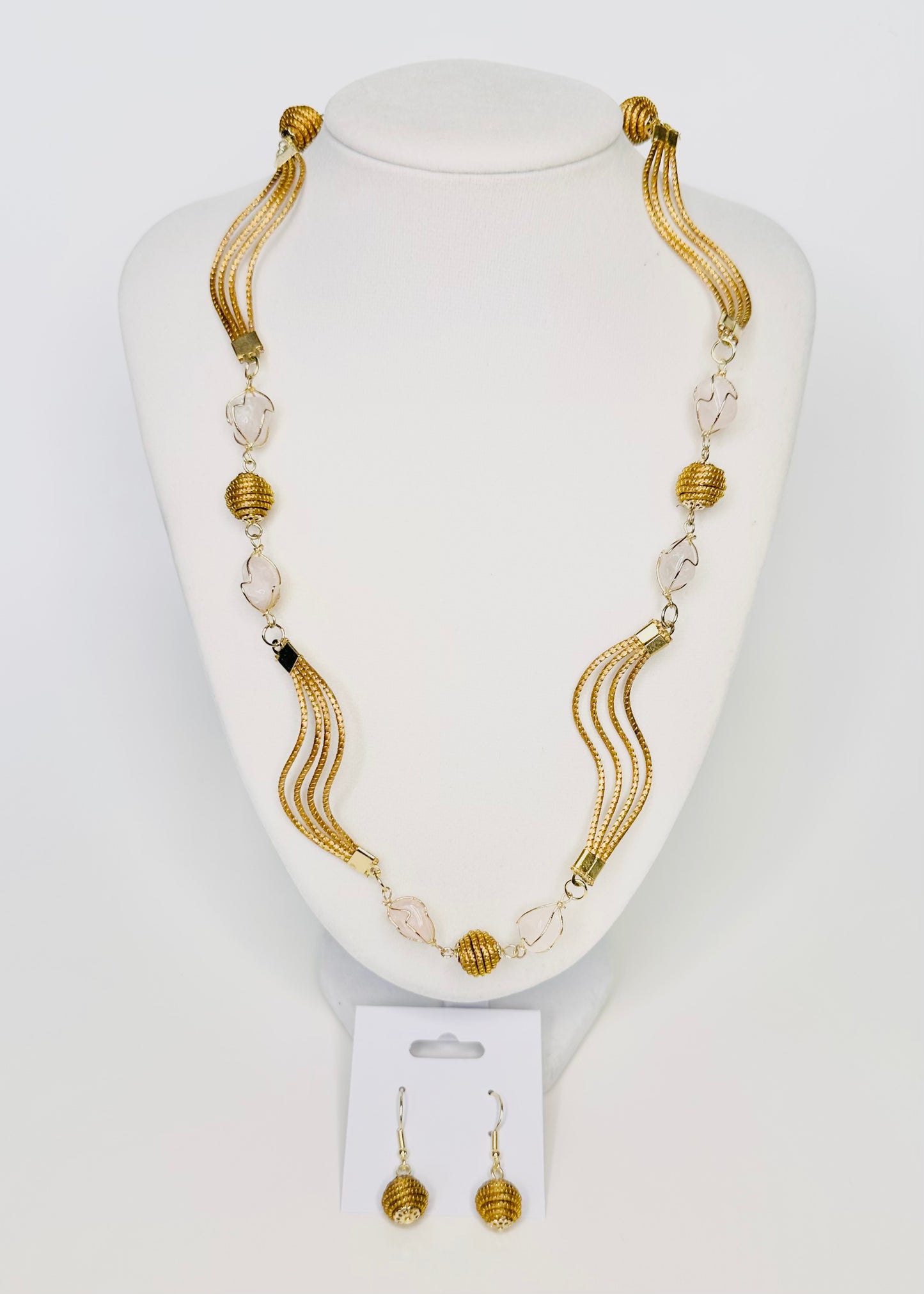 Golden Harmony Set – Handcrafted Golden Grass Necklace & Earrings with Polished Stones | Elegant & Sustainable