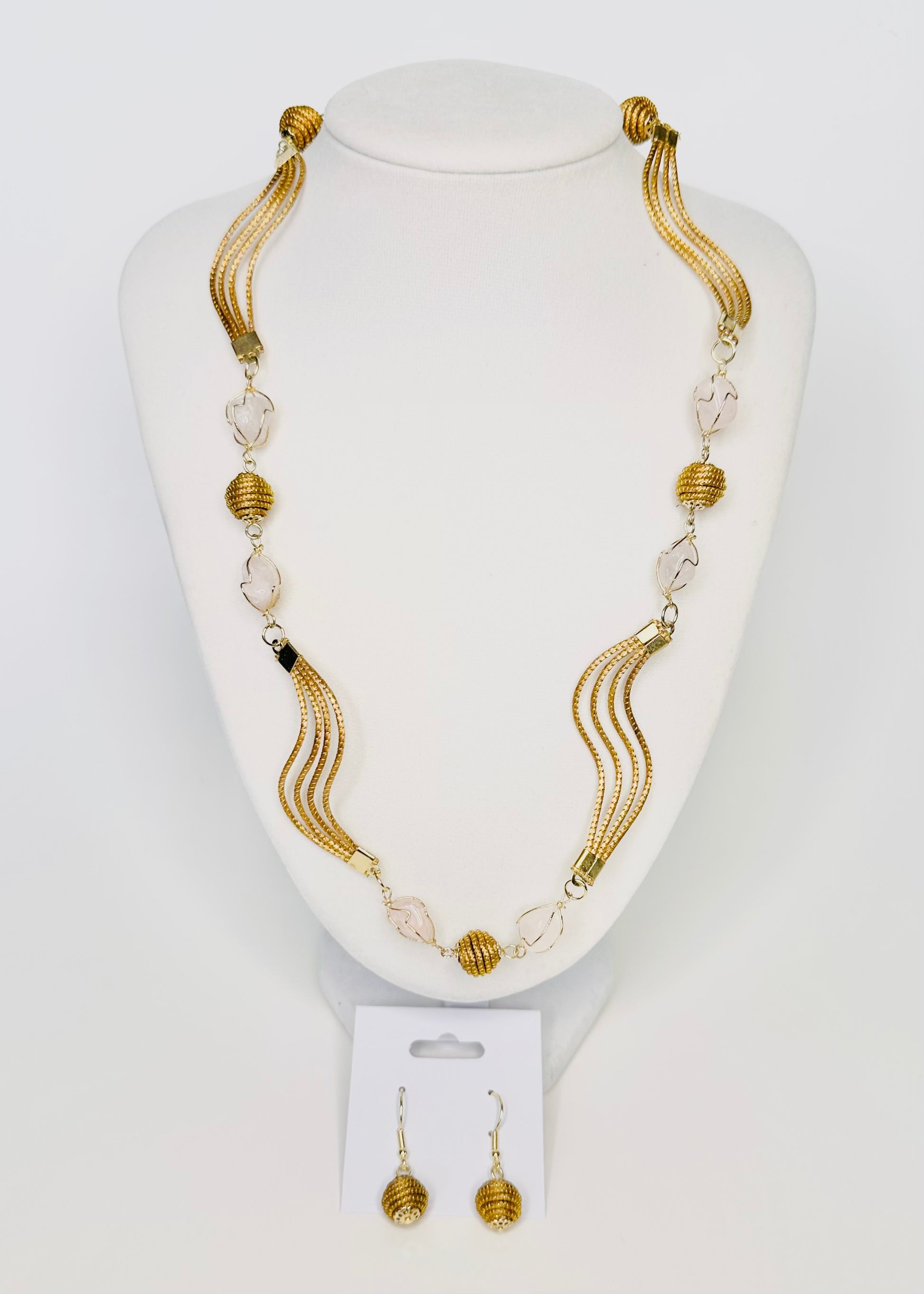 Golden Harmony Set – Handcrafted Golden Grass Necklace & Earrings with Polished Stones | Elegant & Sustainable