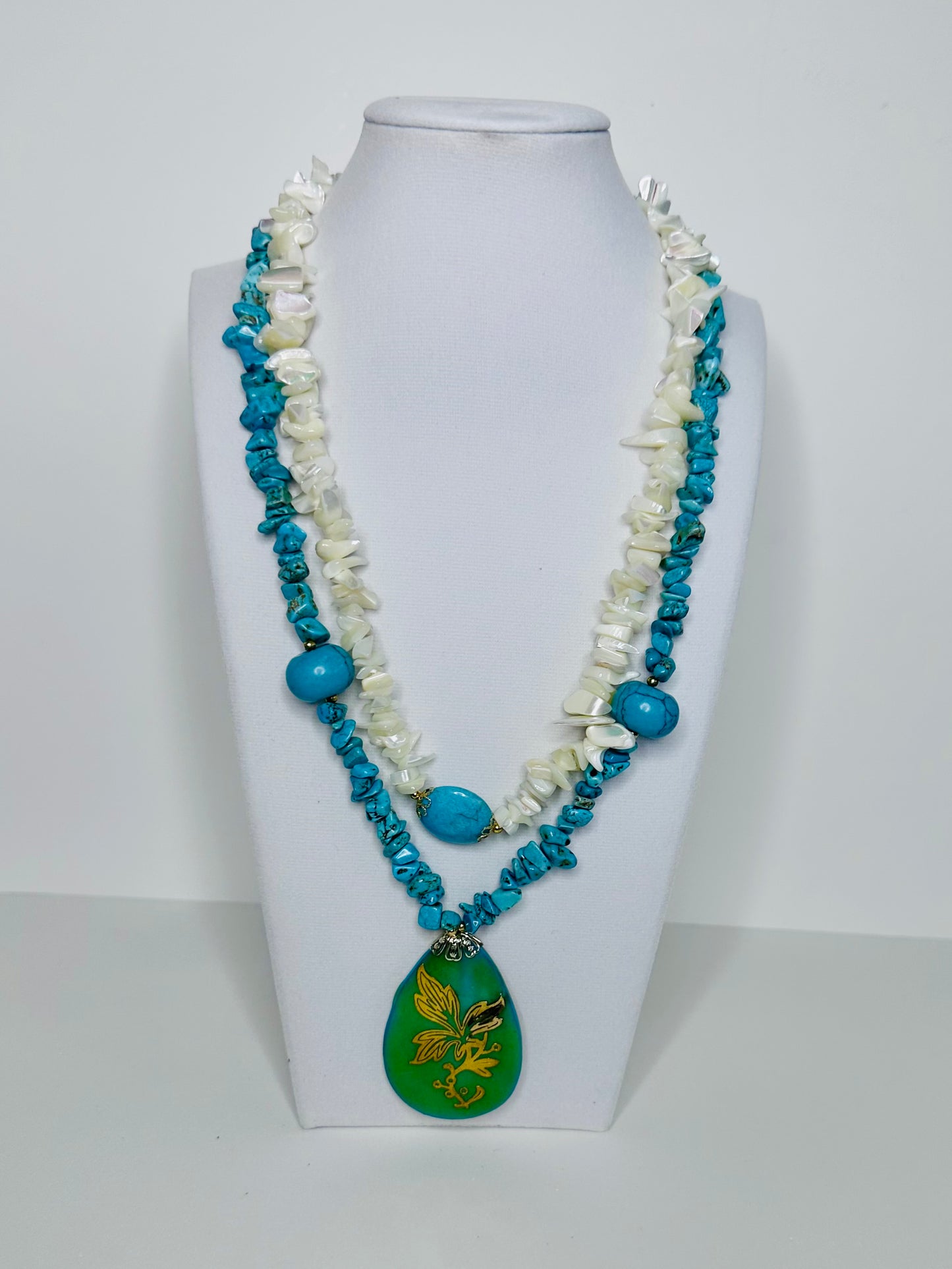 Resin Turquoise & Mother of Pearl Duo Necklace – Elegant & Natural
