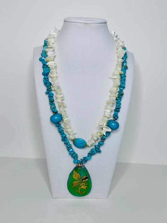 Resin Turquoise & Mother of Pearl Duo Necklace – Elegant & Natural