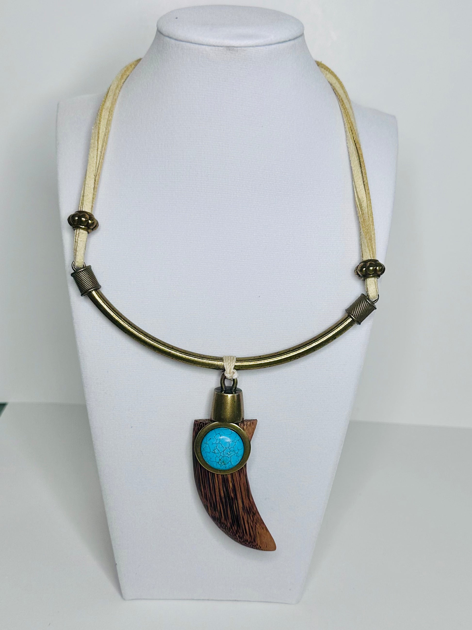 Turquoise Tooth Necklace – Eco- Reclaimed Wood & Leather