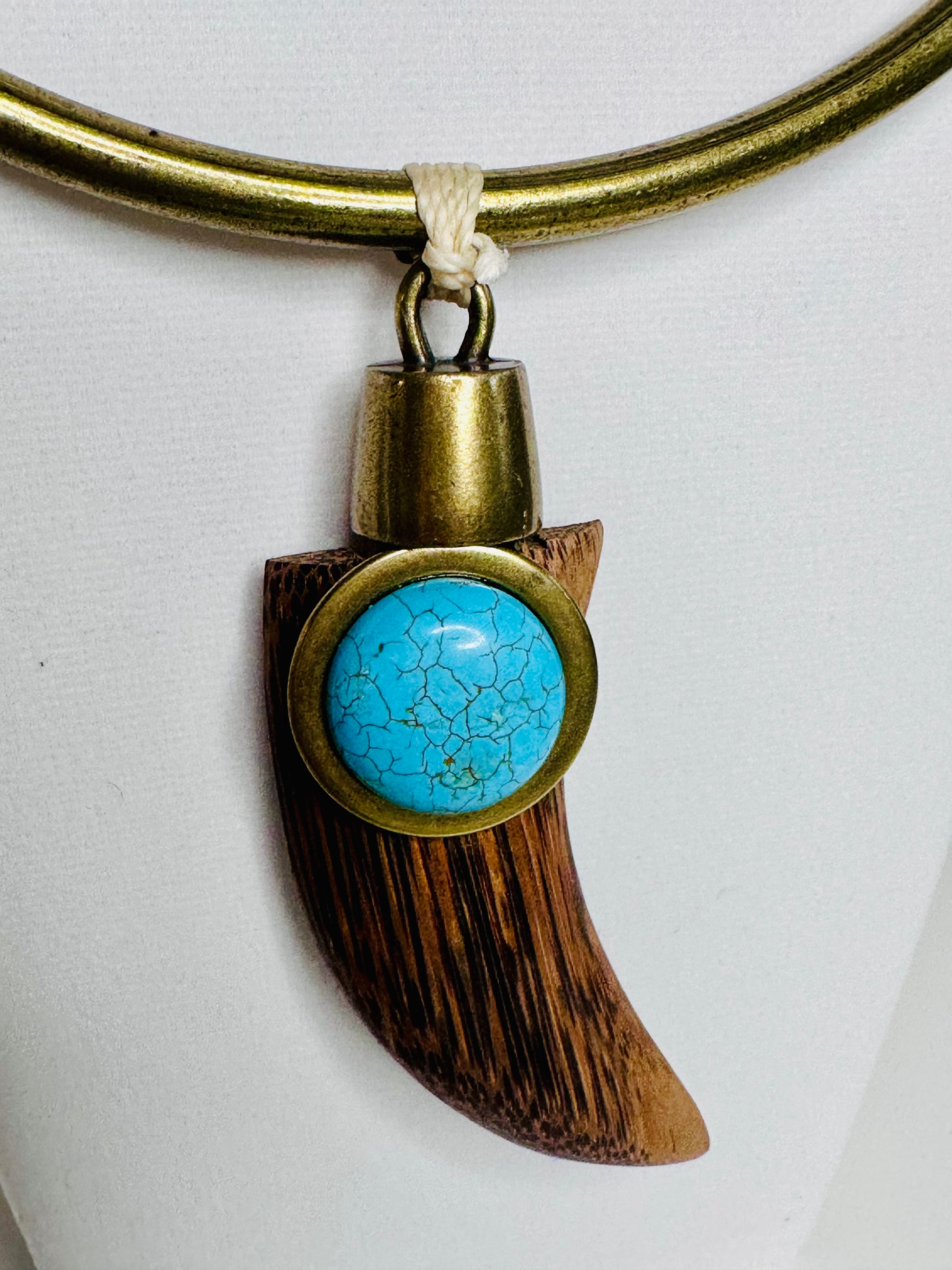 Turquoise Tooth Necklace – Eco- Reclaimed Wood & Leather 1