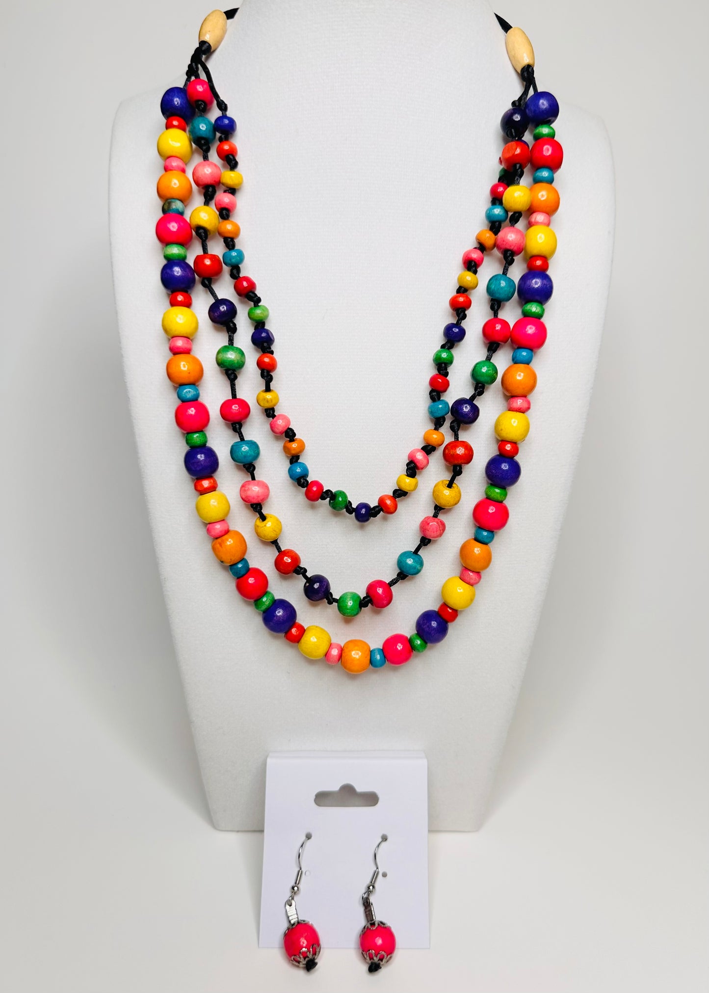 Woodland Radiance Set – Adjustable Handcrafted Multicolor Necklace and Pink Earrings Made from Eco-Reclaimed Wood | Eco-Friendly Jewelry