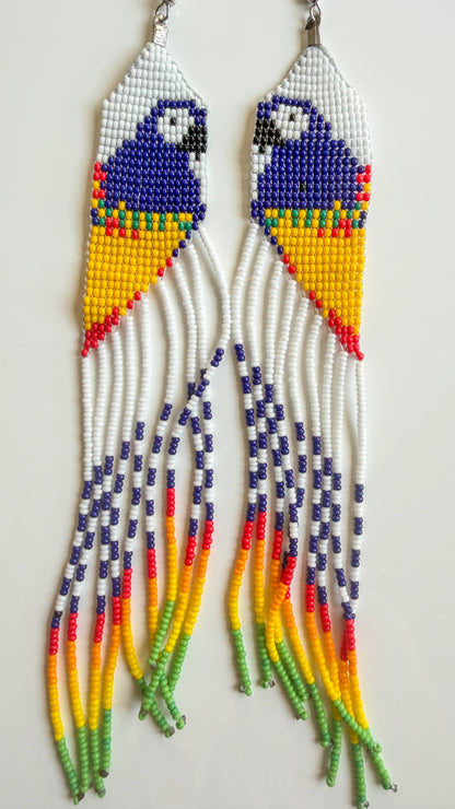 Galibi Marworno Bird Motif Fringe Earrings – 6'' Recycled Glass Beads