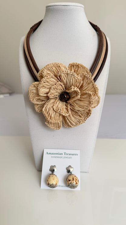 Buriti Fiber Flower Statement Necklace & Paxiúba Seed Earrings Set