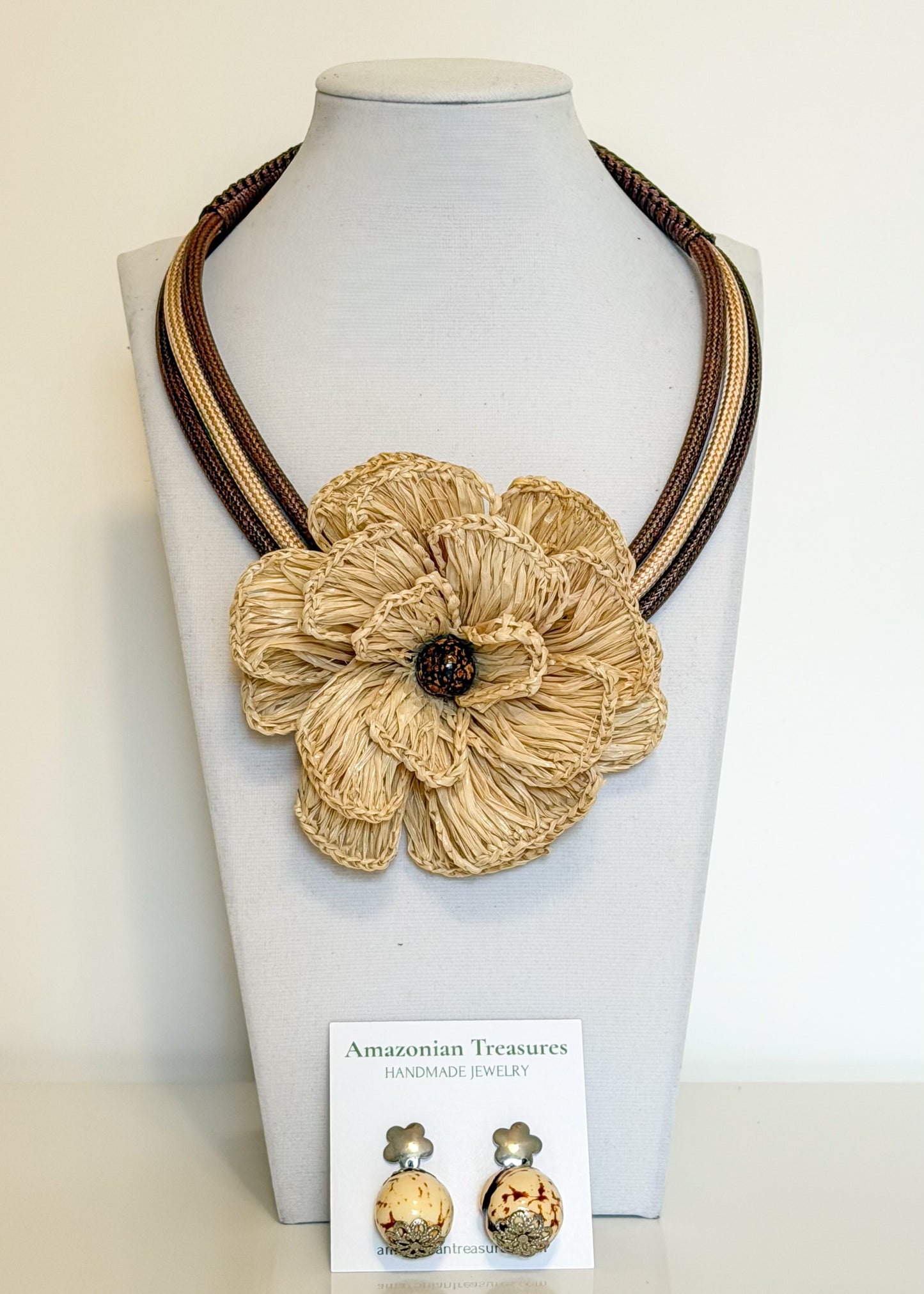 Buriti Fiber Flower Statement Necklace & Paxiúba Seed Earrings Set