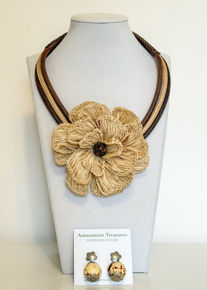 Buriti Fiber Flower Statement Necklace & Paxiúba Seed Earrings Set