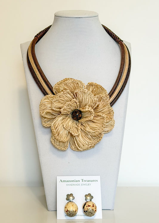 Buriti Fiber Flower Statement Necklace & Paxiúba Seed Earrings Set