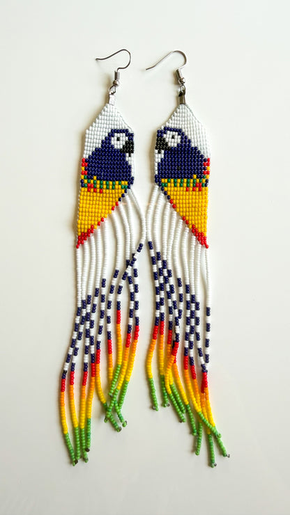 Galibi Marworno Bird Motif Fringe Earrings – 6'' Recycled Glass Beads