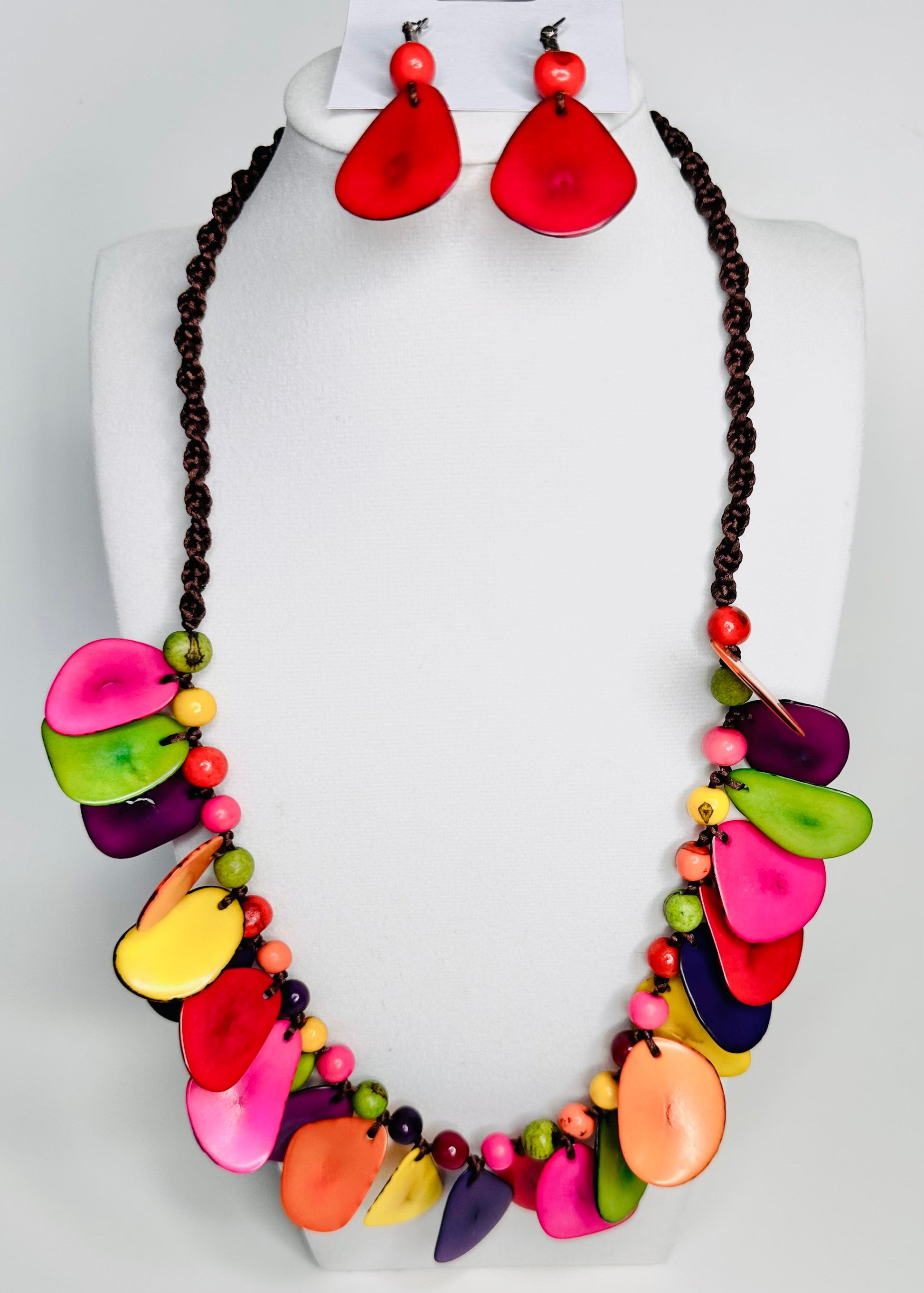 Adjustable Amazonian Layers Set -Handcrafted Jarina & Açaí Seed Multicolor Necklace and Red Earrings | Sustainable Amazon Jewelry