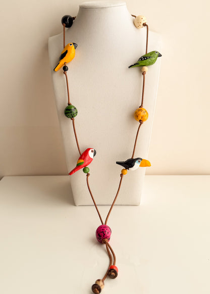 Amazon Birds necklace handcrafted with colorful Buriti and Paxiúba bird shapes in Brazil