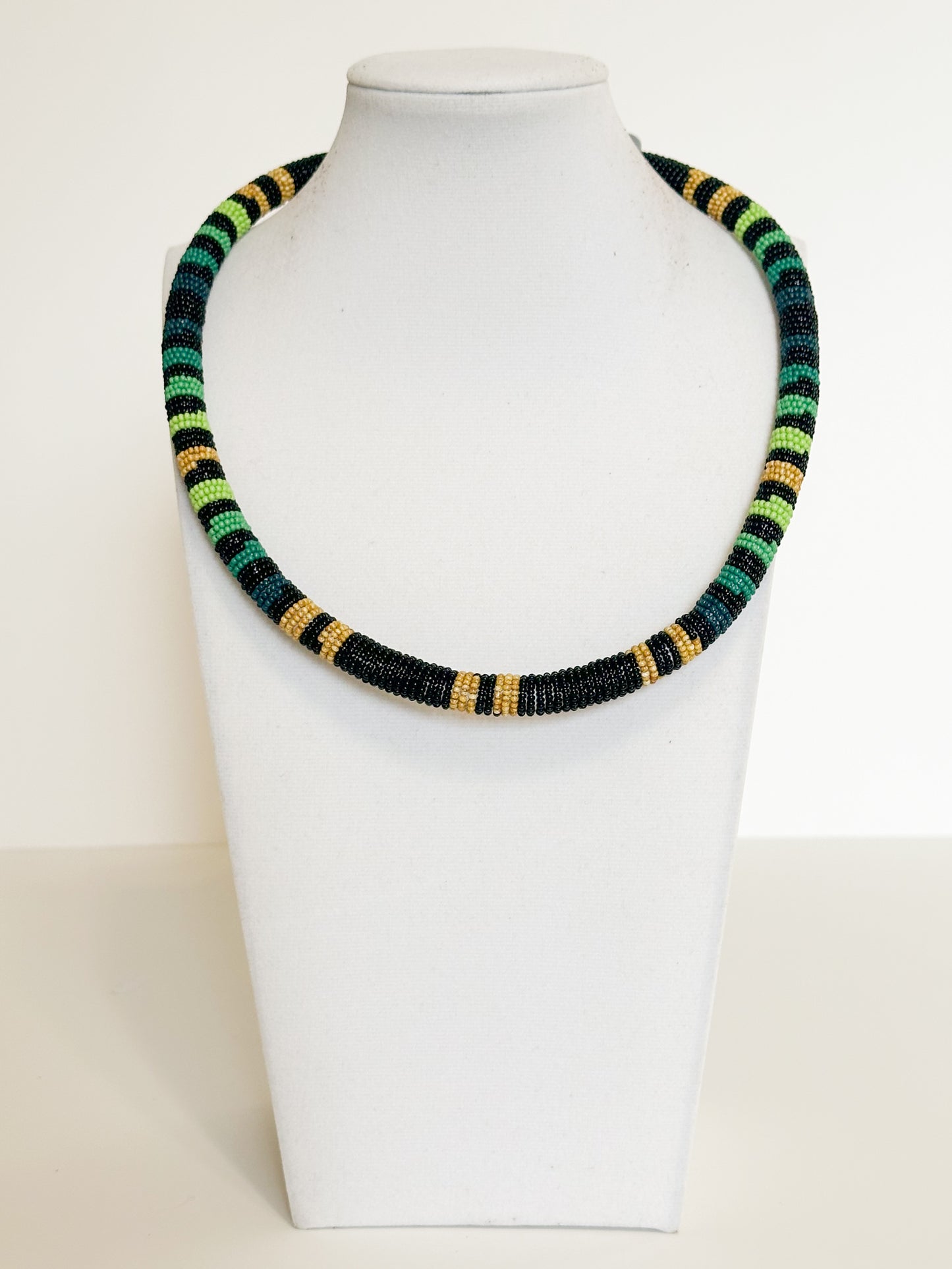 Borari Horizon glass bead necklace handcrafted by Indigenous Borari artisans from the Tapajós River in the Amazon.