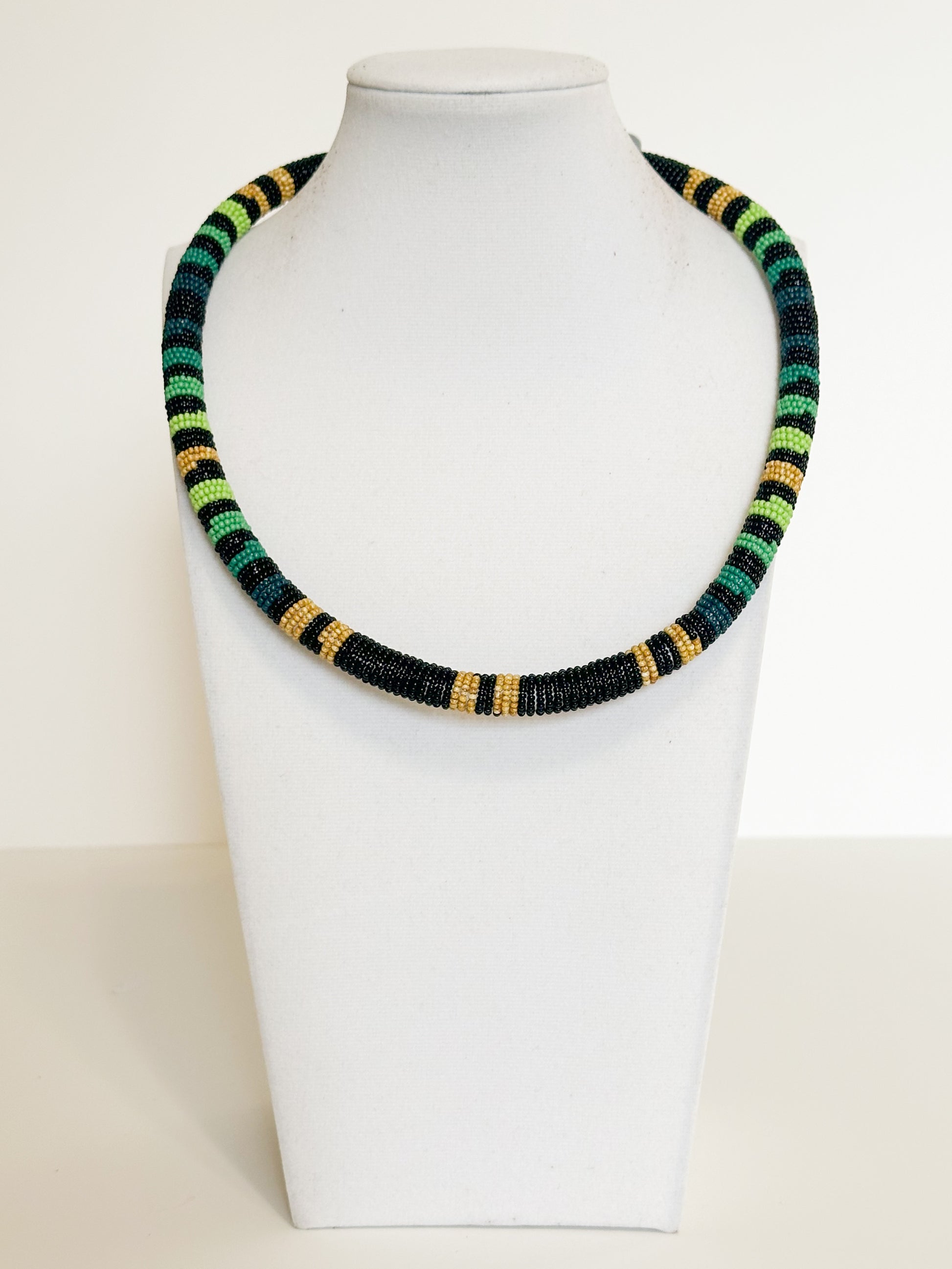 Borari Horizon glass bead necklace handcrafted by Indigenous Borari artisans from the Tapajós River in the Amazon.