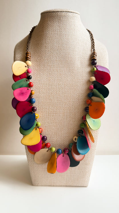 Brazilian artisan necklace with tinted Jarina Tagua and Açaí seeds