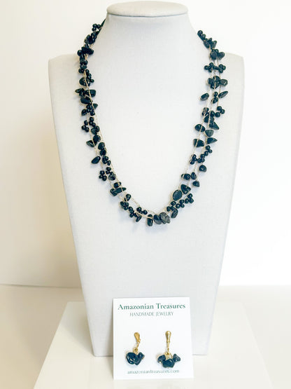 Brazilian gemstone necklace with black gemstone chips and glass beads