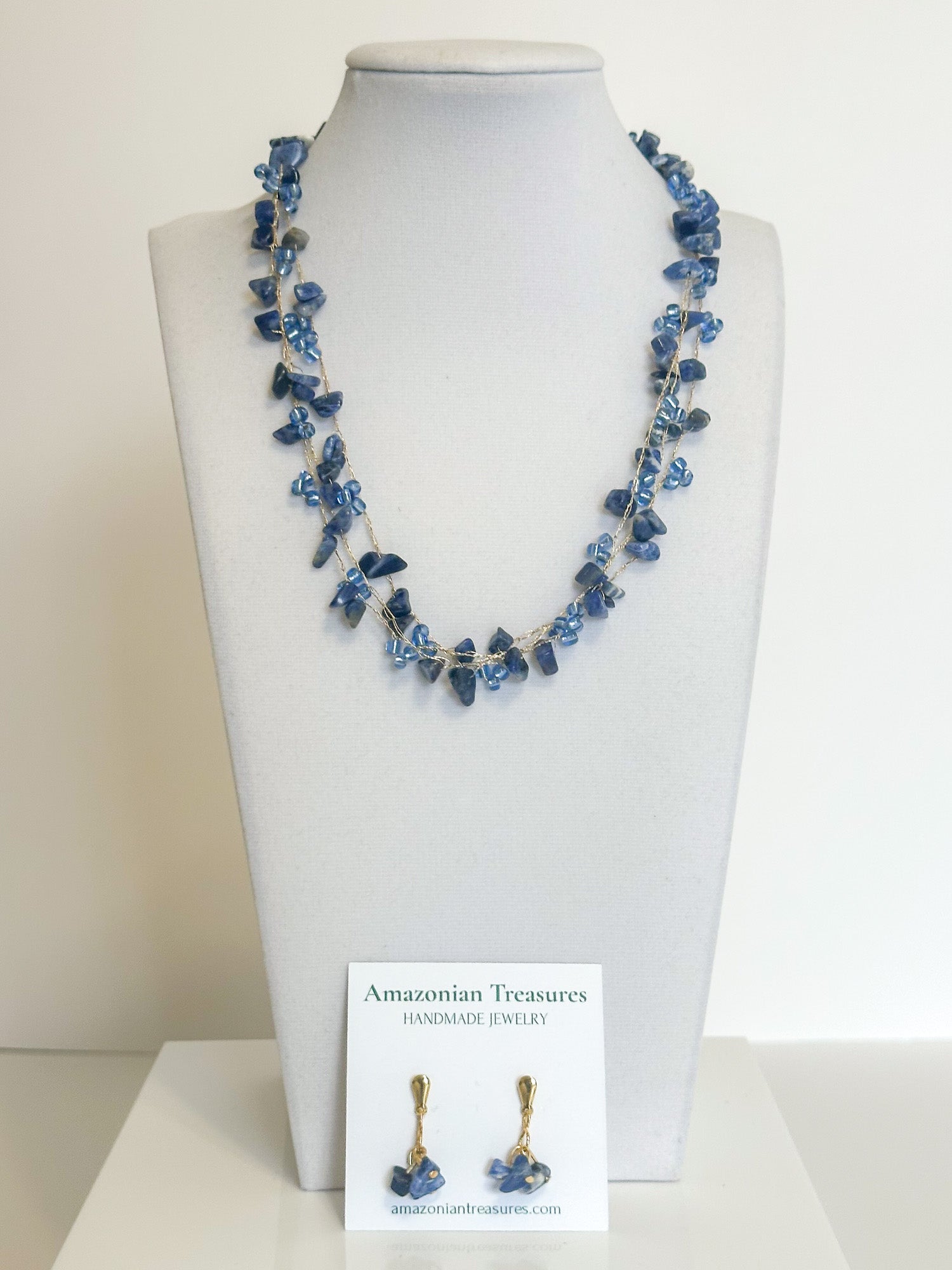 Brazilian gemstone necklace with blue stones and glass beads on golden thread with matching earrings