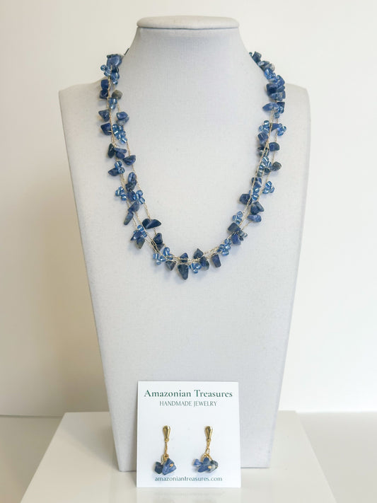 Brazilian gemstone necklace with blue stones and glass beads on golden thread with matching earrings