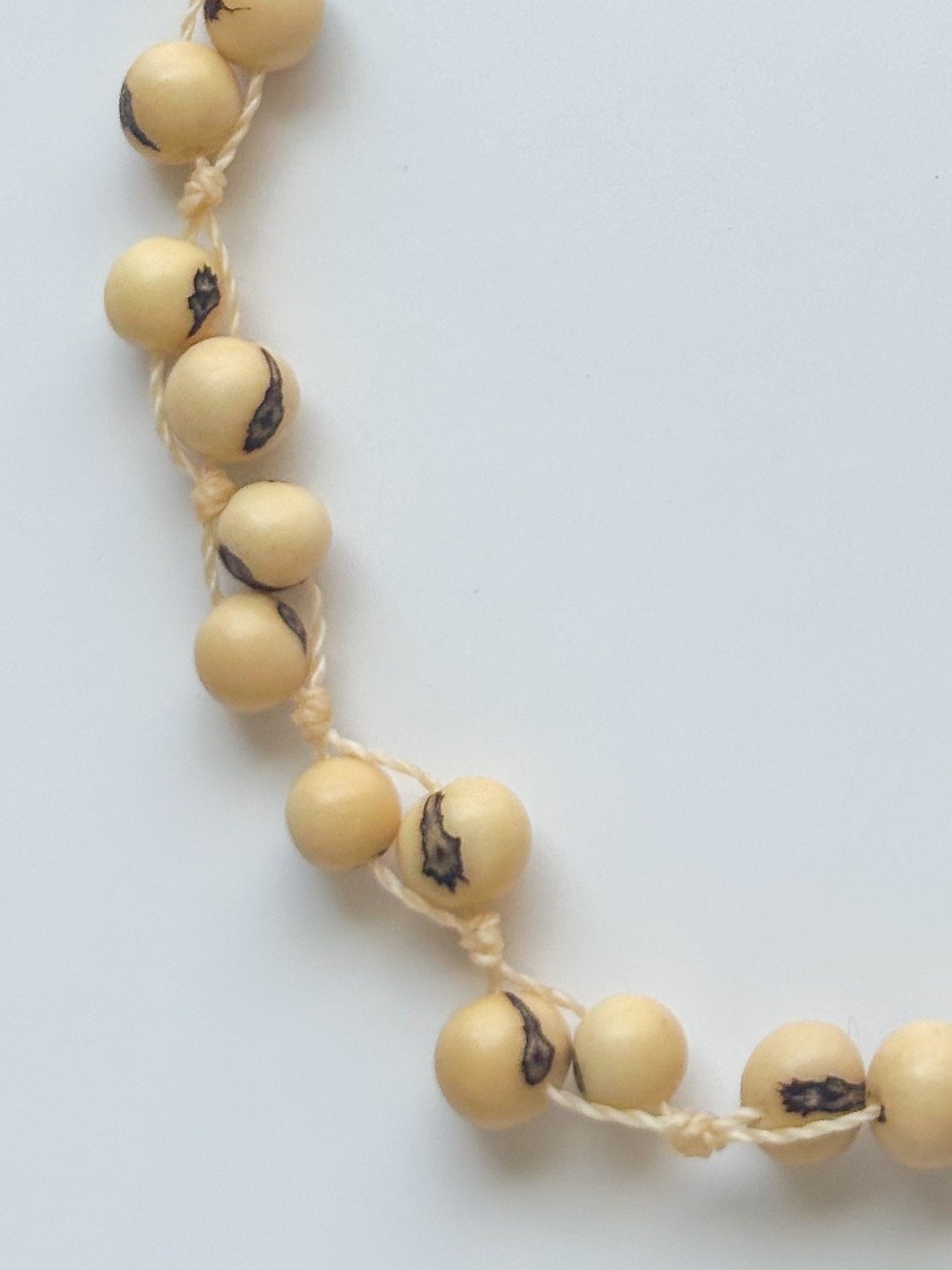 Close-up of dyed açaí seeds used in handcrafted Amazon necklace.