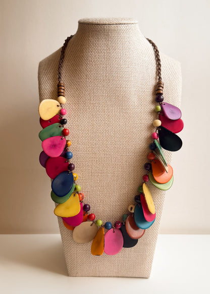 Colorful Tagua and Açaí statement necklace handmade by a Brazilian artisans association