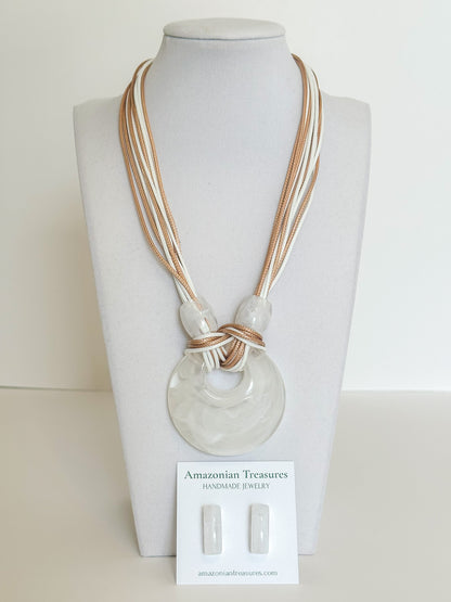 Cotton cord necklace with resin circle pendant and matching resin earrings designed by a Brazilian jewelry studio - White 