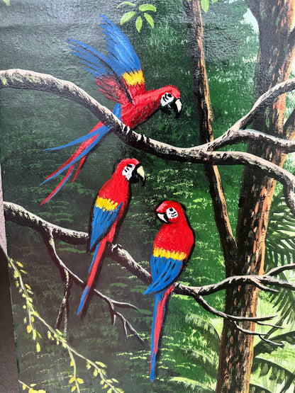 Detail of parrots in original Amazon rainforest oil painting on canvas