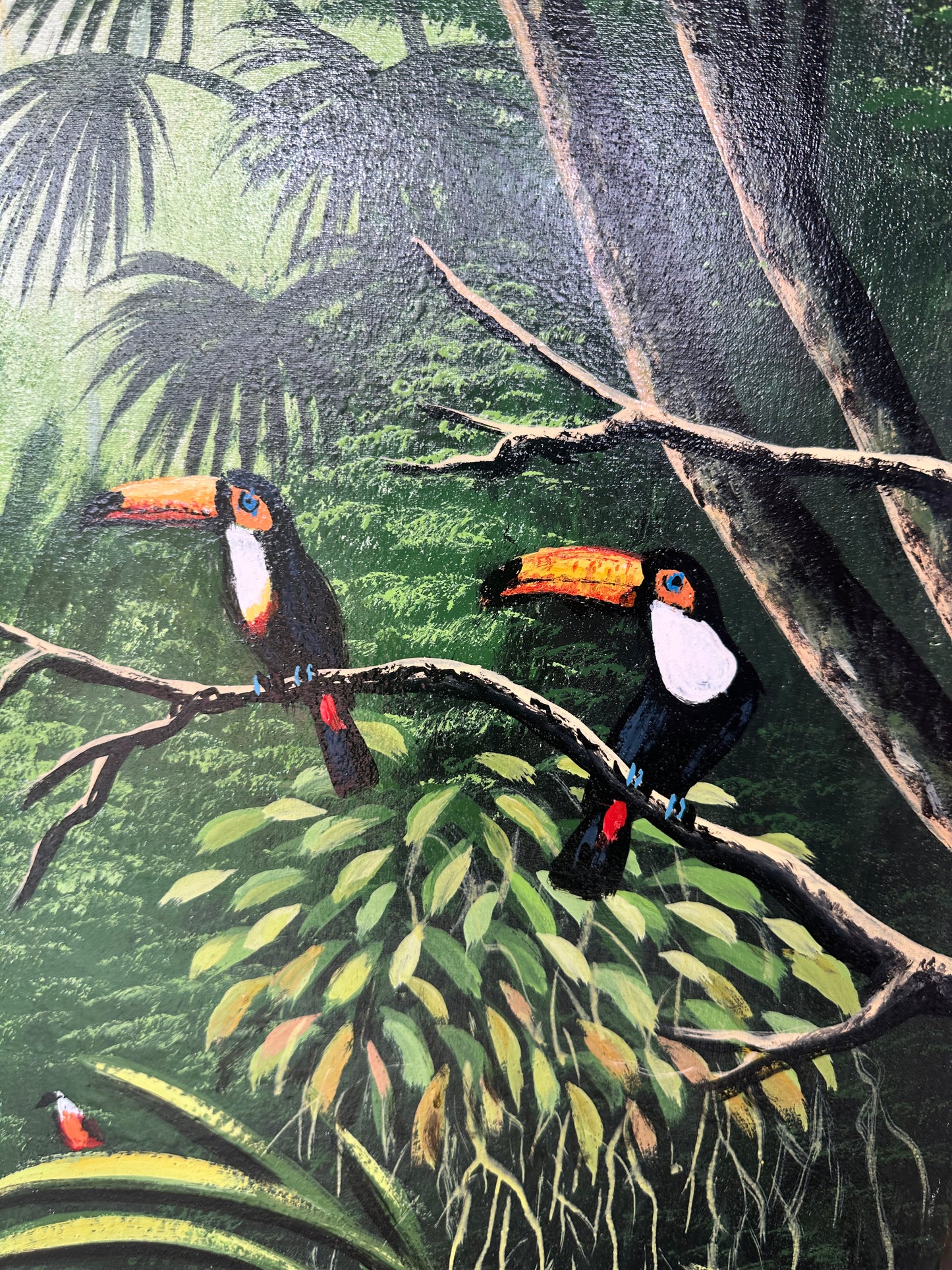 Detail of toucans in original Amazon rainforest oil painting on canvas