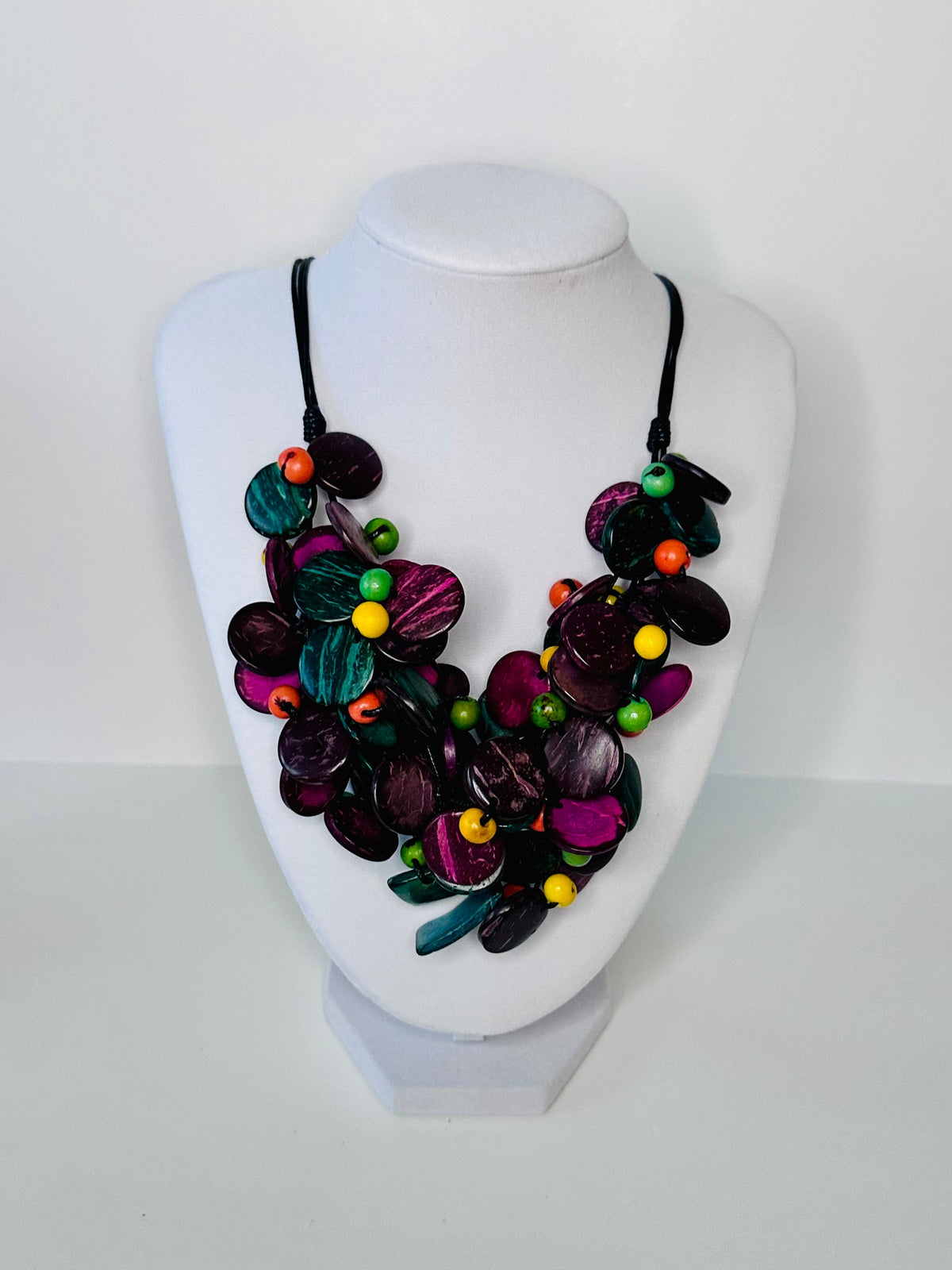 Colorful açaí and coconut fiber statement necklace handmade in Brazil