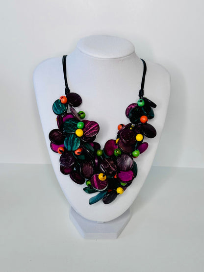 Colorful açaí and coconut fiber statement necklace handmade in Brazil