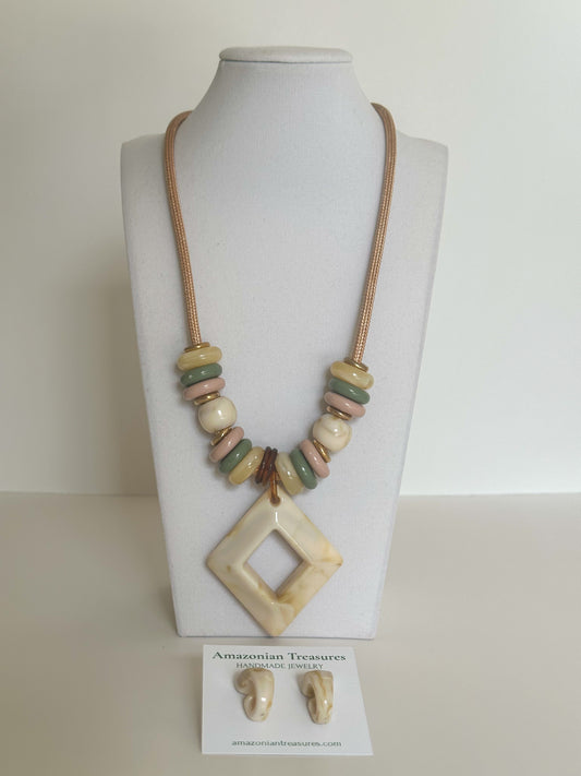 Edge Line Necklace featuring earrings rope cord, geometric resin pendant, and multicolor beads from the Echoes of Brazil collection.