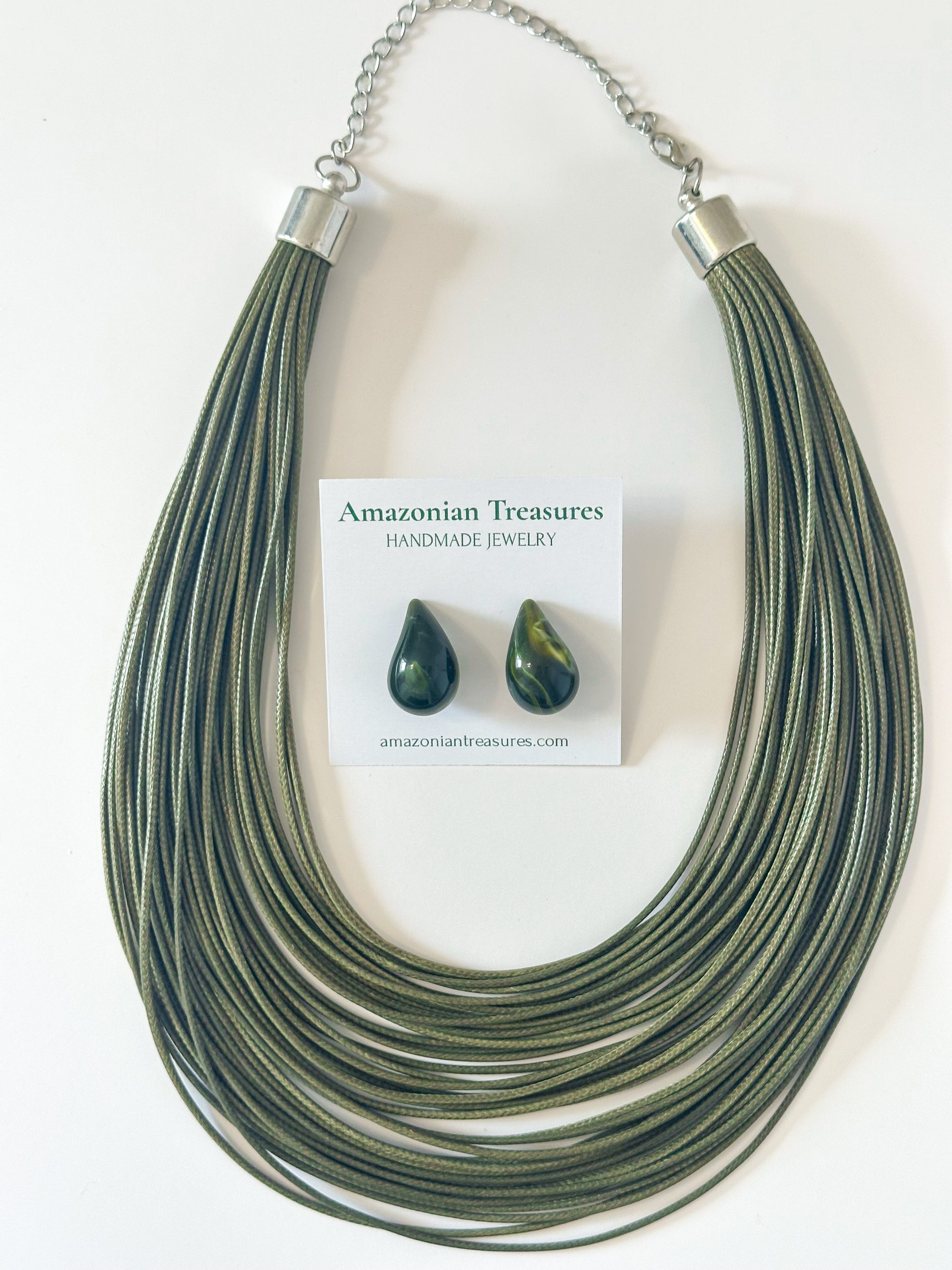 Green layered cotton necklace with matching resin earrings.