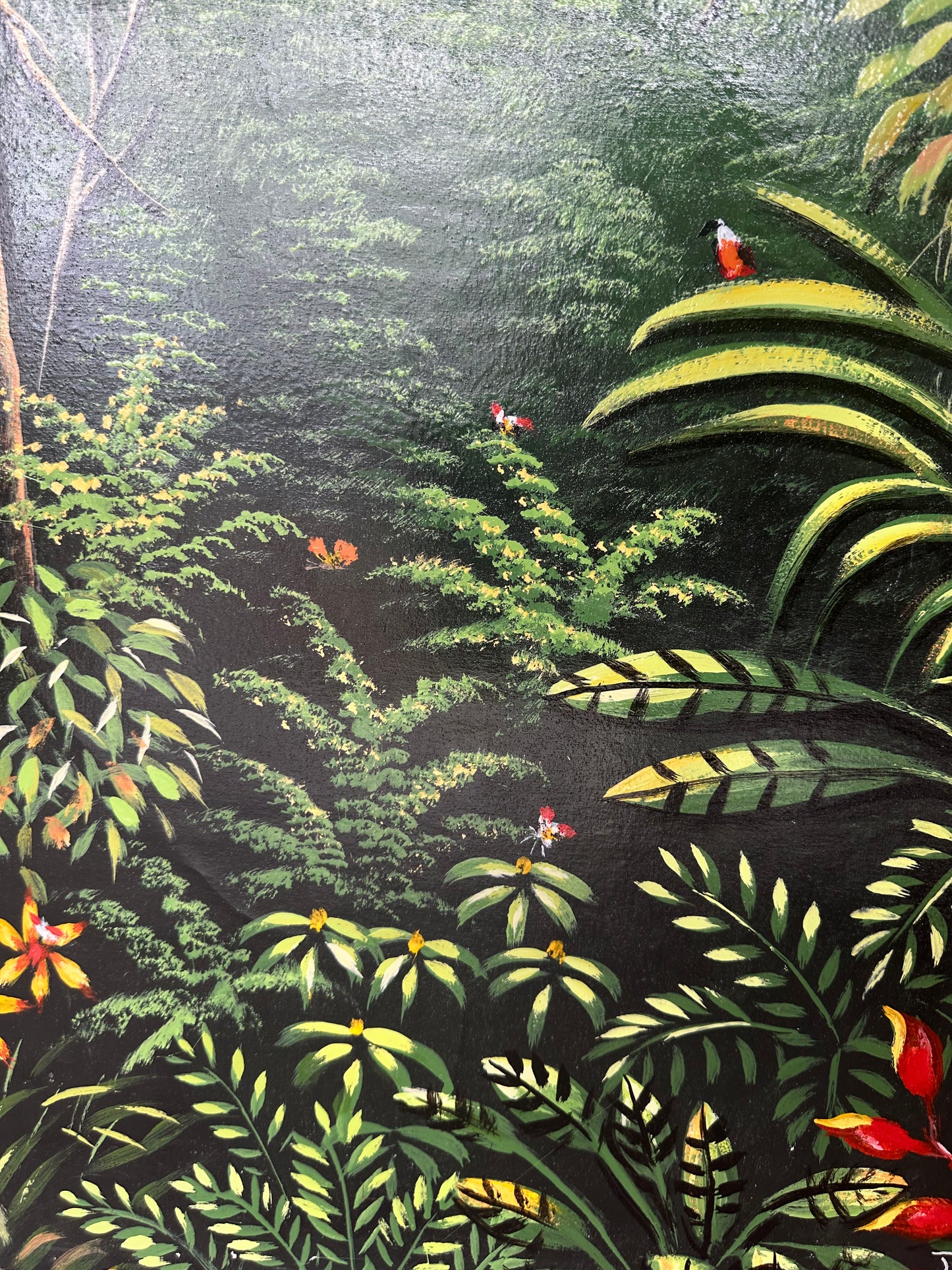 Hand-painted oil texture showing Amazon rainforest foliage and mist