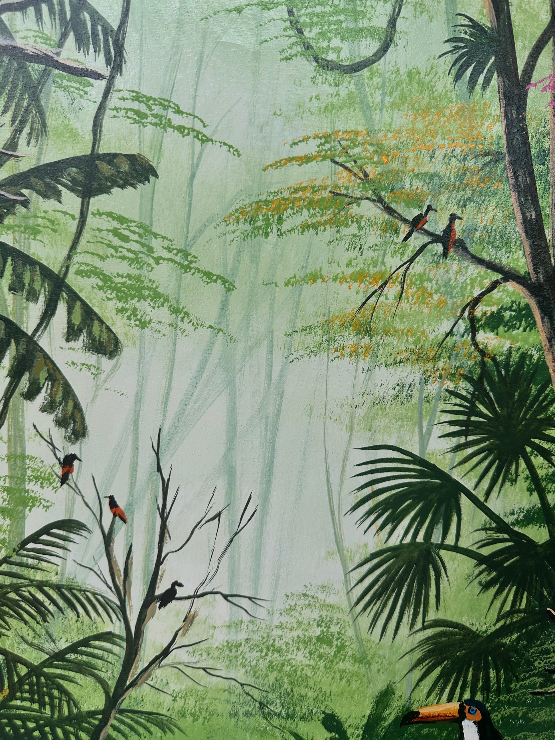 Hand-painted oil texture showing Amazon rainforest foliage and mist1