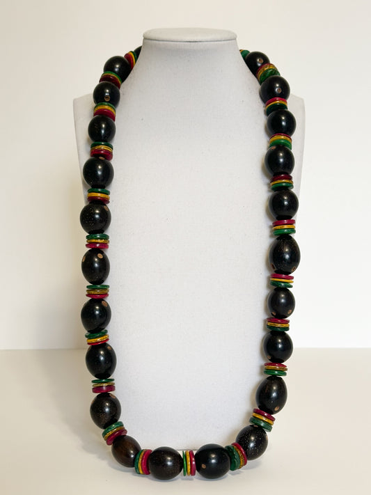 Handmade tucumã seed and coconut shell necklace crafted by Brazilian artisans. colored coconut shell