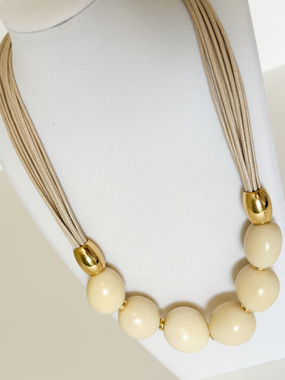 Jarina vegetable ivory beads detail on handmade Amazon necklace.