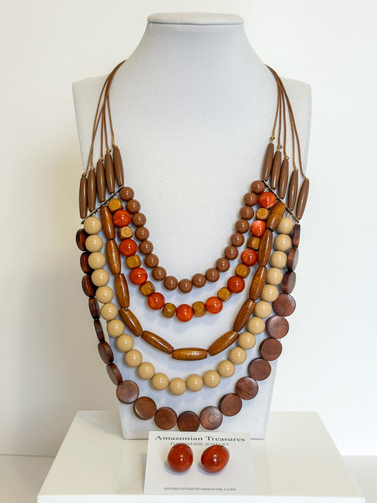 Layered beaded necklace with matching earrings in contemporary Brazilian design