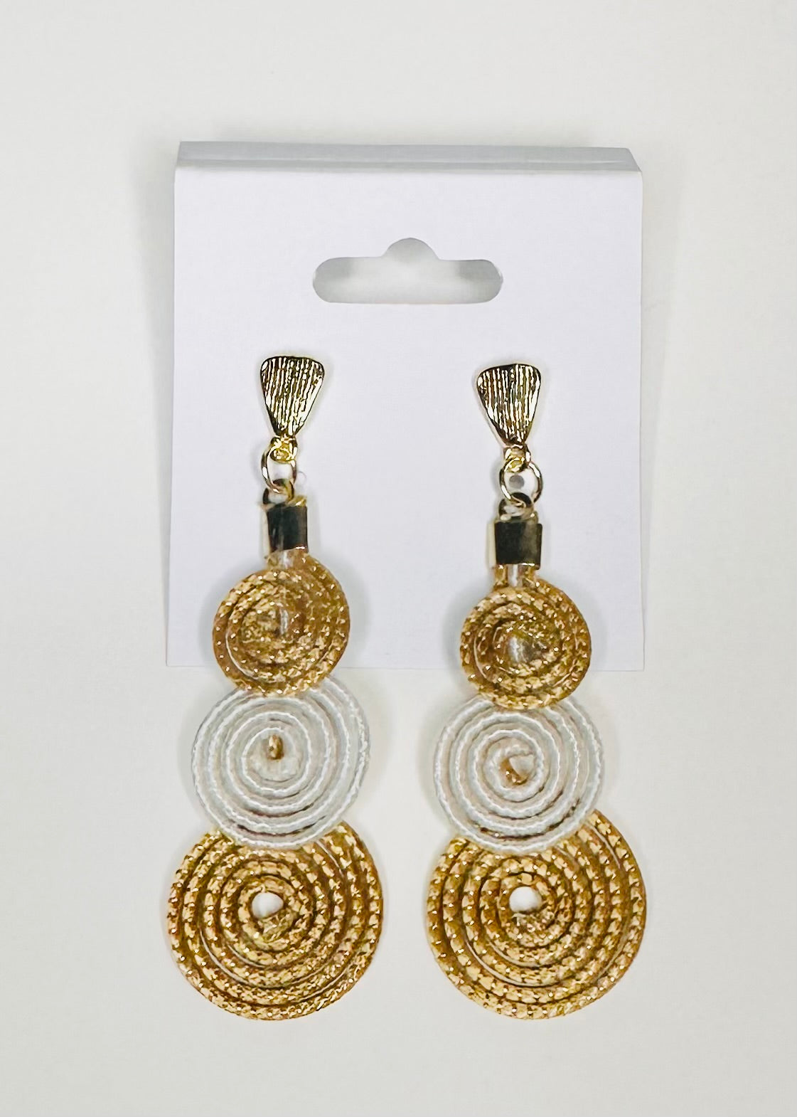 Golden grass earrings with white accents handmade in Brazil