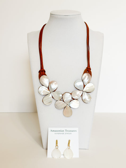 Mother of pearl flower necklace and earrings set handcrafted with Amazon river shell.