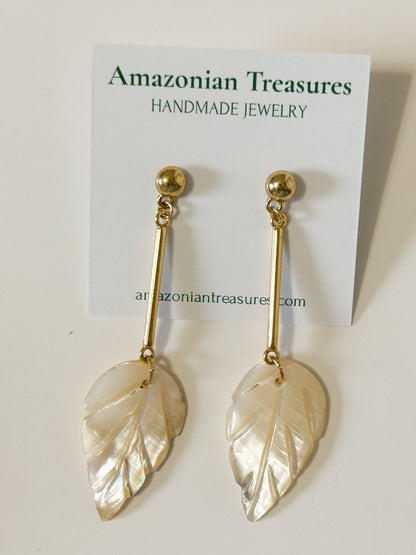 Mother of pearl leaf earrings handcrafted from Amazon shell.