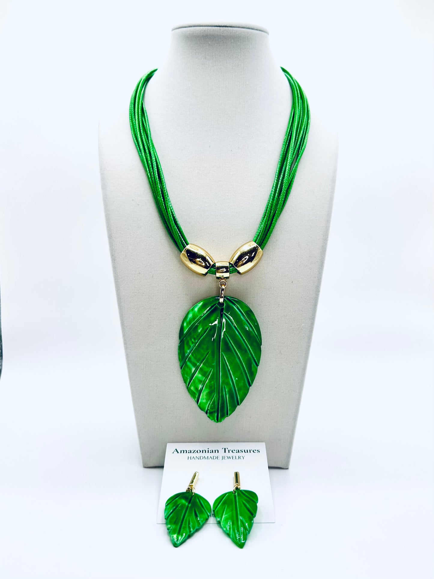 Mother of pearl leaf necklace and earring set with gold accents