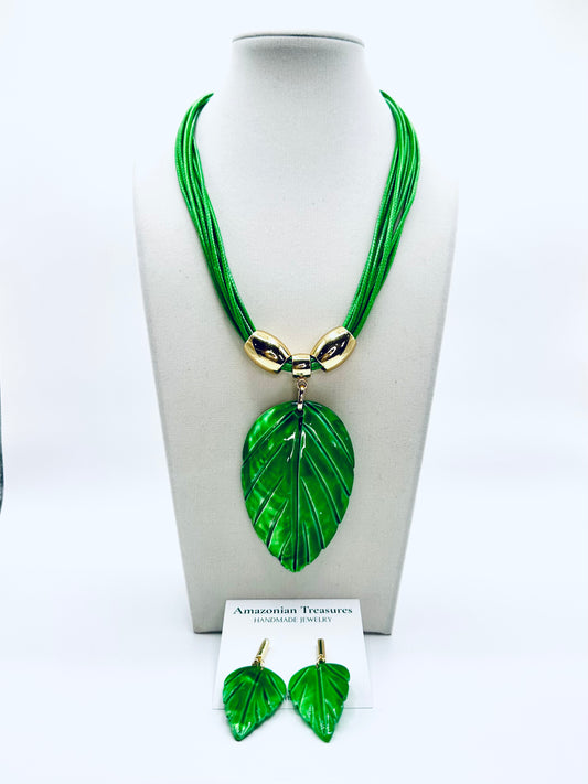 Mother of pearl leaf necklace and earring set with gold accents