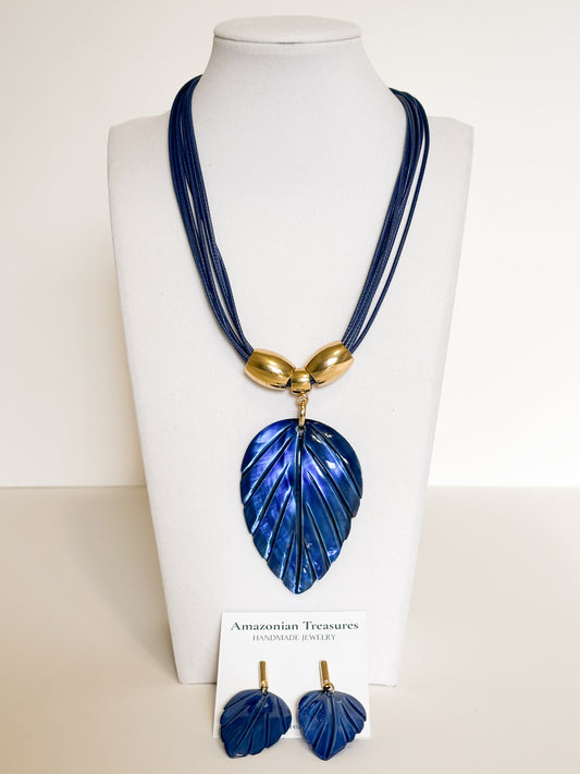 Mother of pearl leaf necklace and earring set with gold accents blue