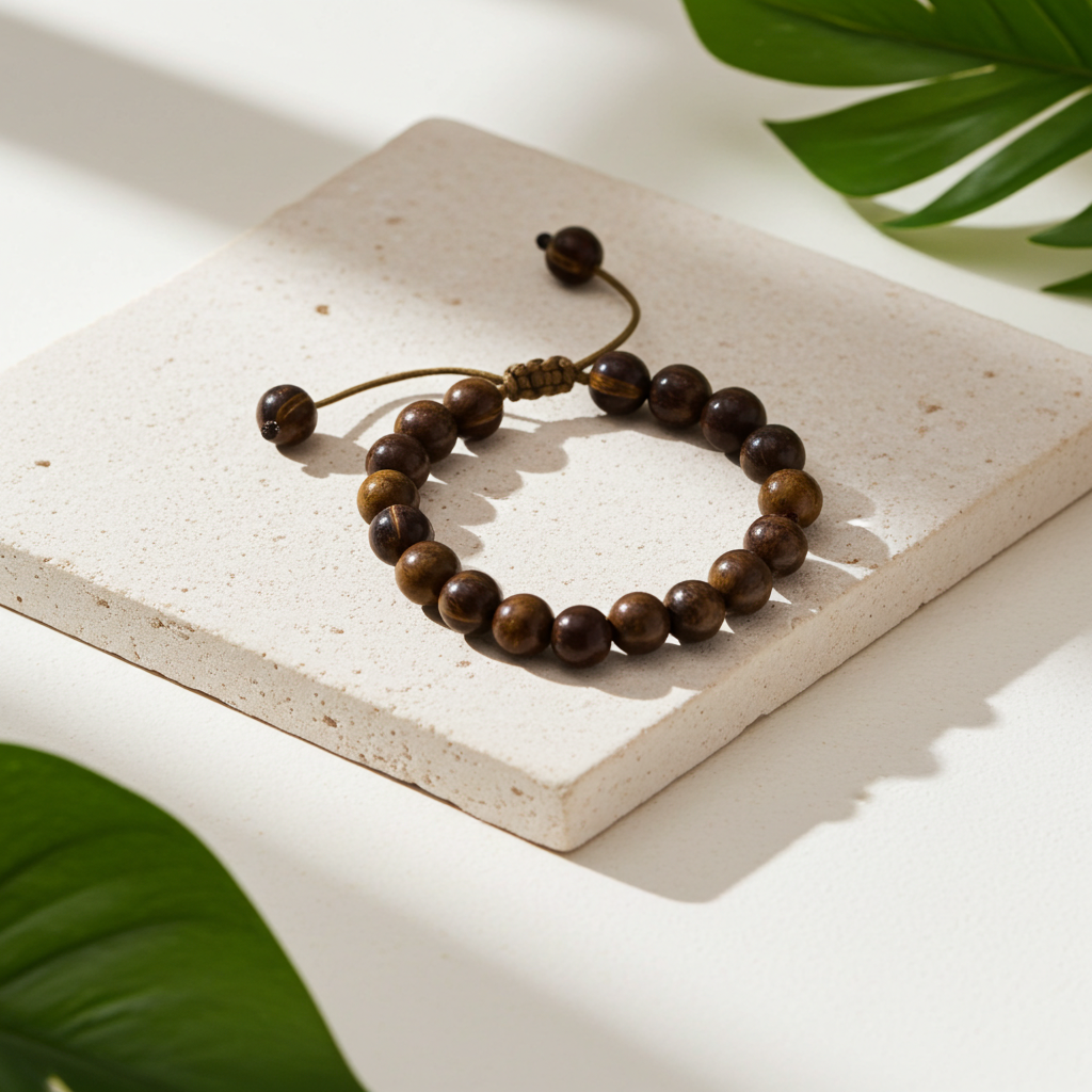 A brown acai seed bracelet with an adjustable cord closure, displayed on a square beige stone tile with green leaves in the background.
