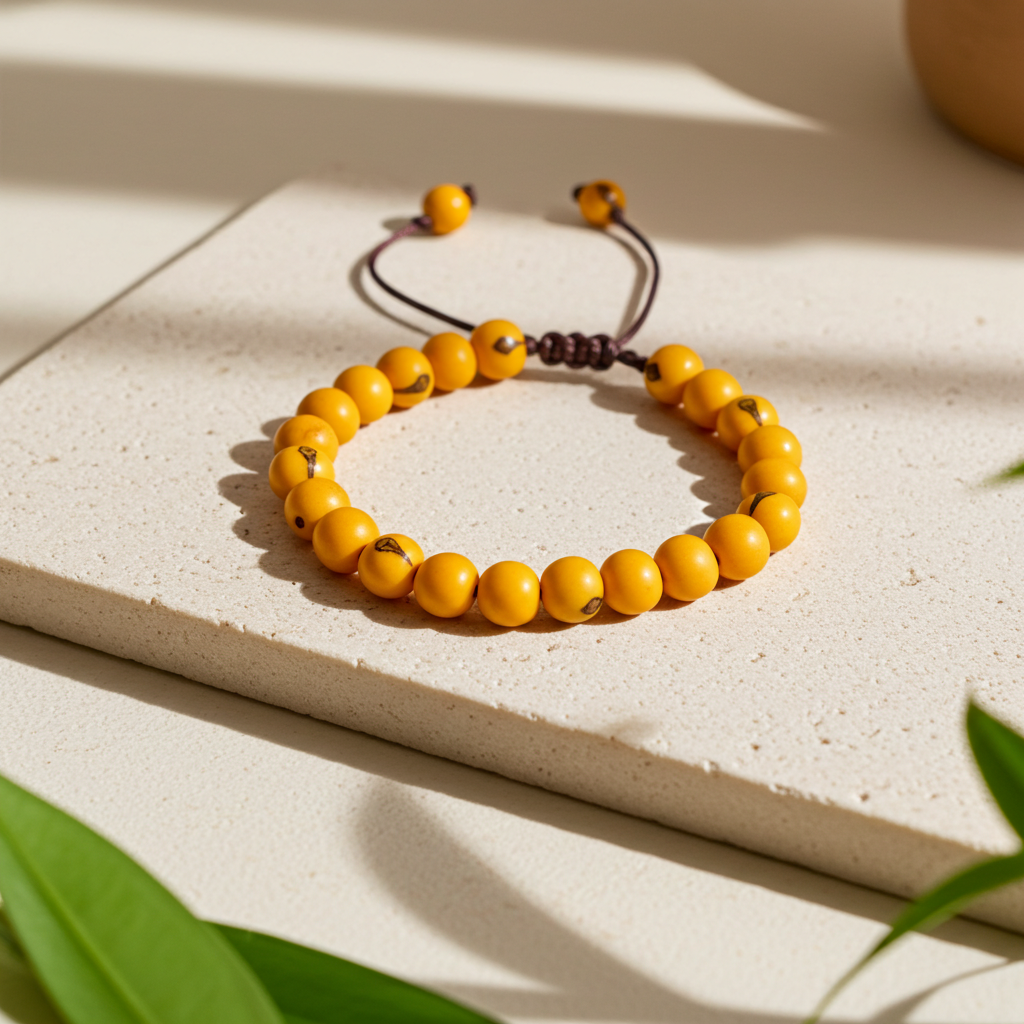 An yellow acai seeds bracelet with small dark details, tied with a dark cord and slider, displayed on a textured beige stone slab with soft shadows and green leaves in the foreground.