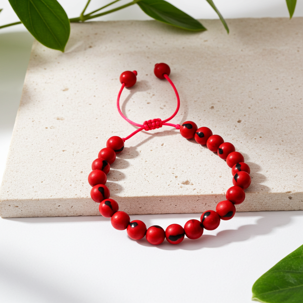 A pink acai seeds bracelet with black prints, resting on a light beige stone slab with green leaves in the background.