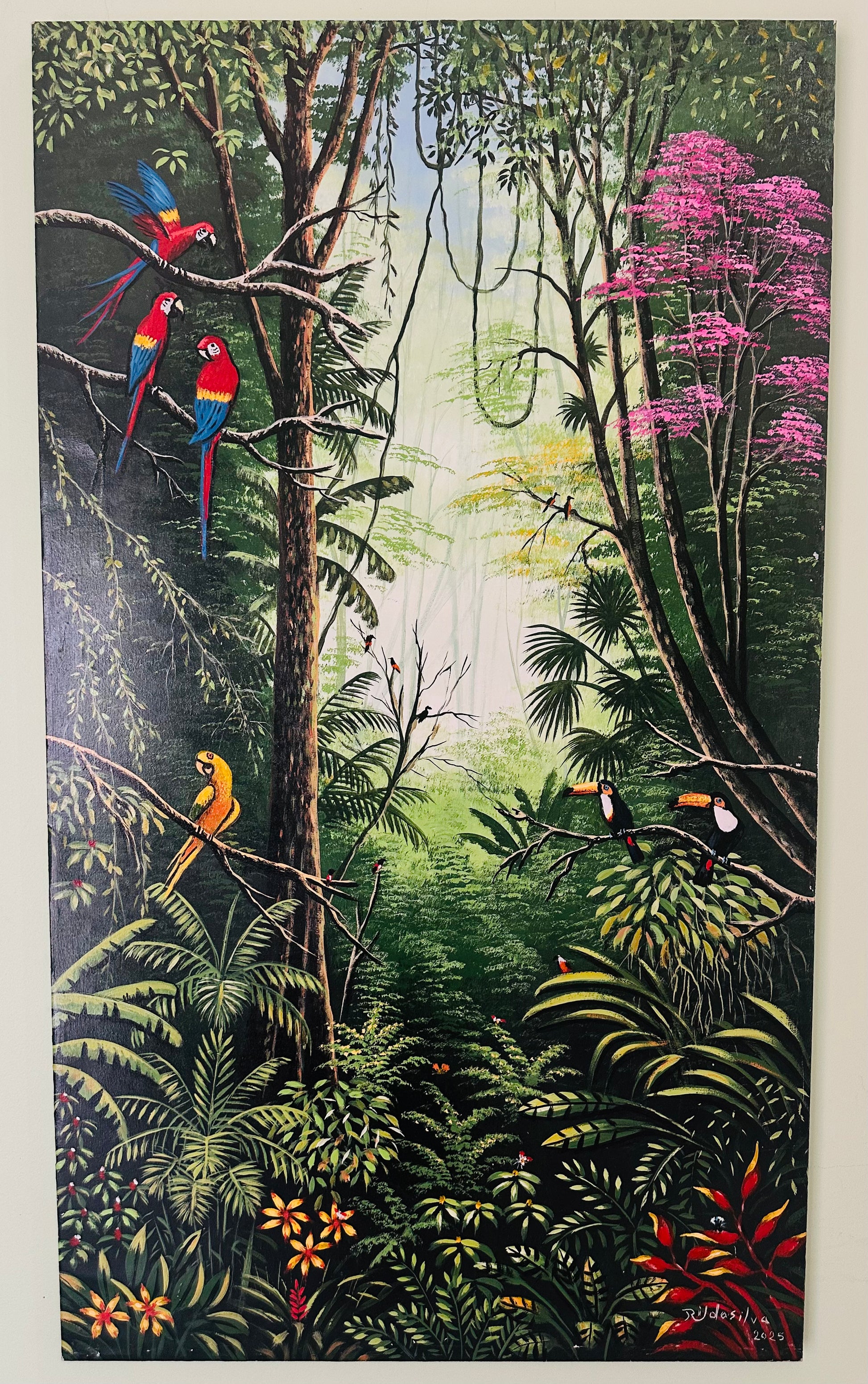 Original oil painting of Amazon rainforest with macaws and toucans