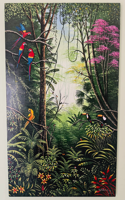 Original oil painting of Amazon rainforest with macaws and toucans