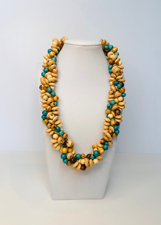Reclaimed wood and açaí seed necklace handcrafted by Rio Negro riverside artisans