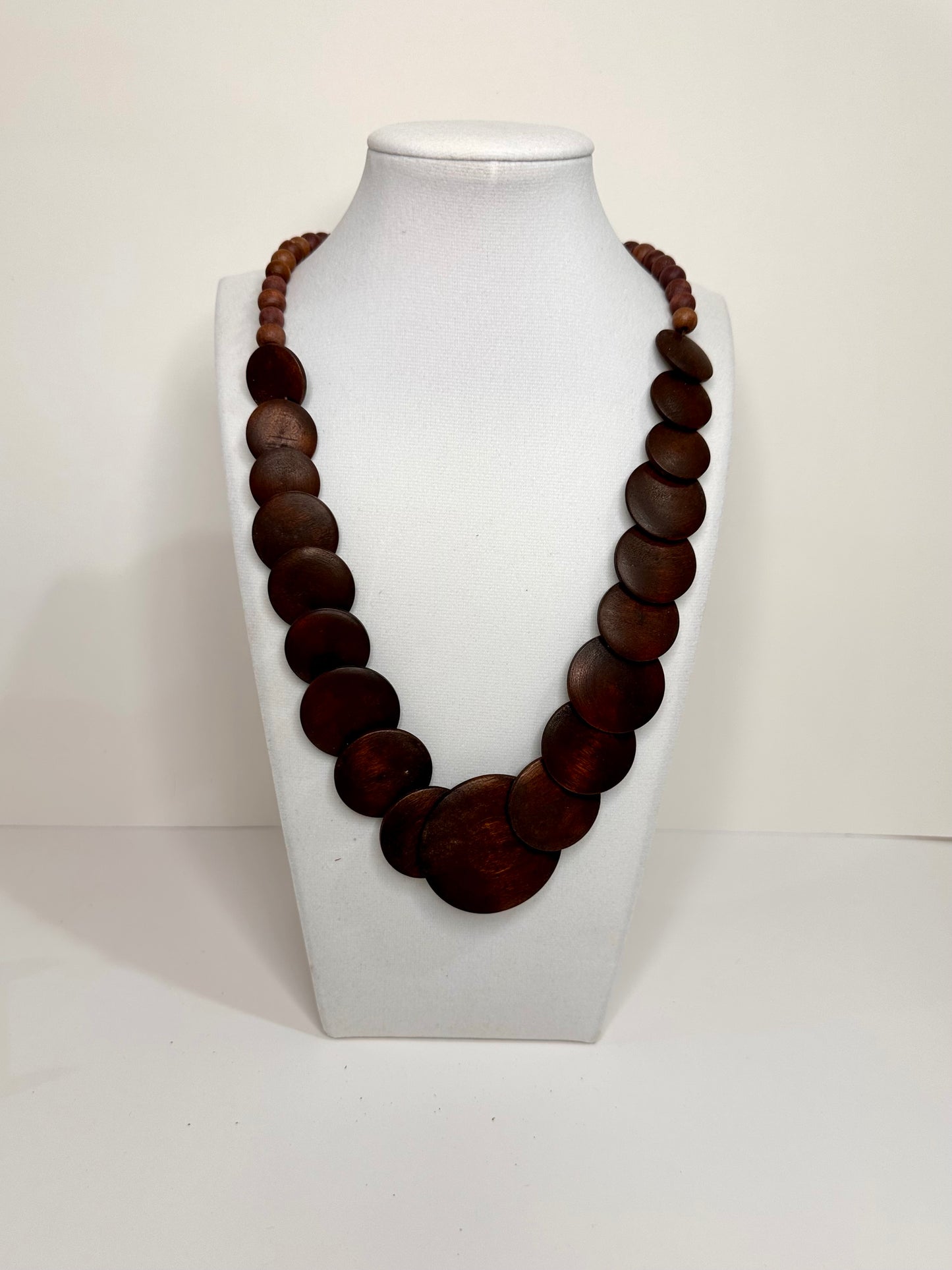 Reclaimed wood bead necklace in deep brown tones, handcrafted sustainable jewelry